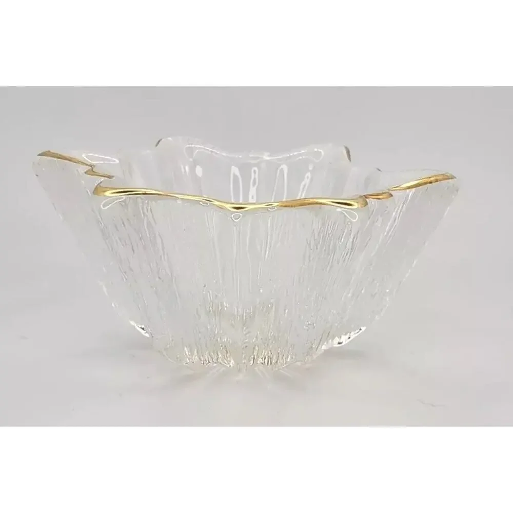 Home Beautiful Glass‎ Candle Holder Dish Star Gold Rim Cut Bark Design 5